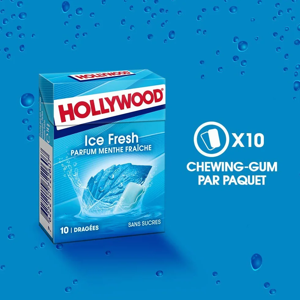 Hollywood Chewing Gum Ice Fresh Menthe Fraîche Sans Sucres Lot de 20 paquets 10 dragées 14 g