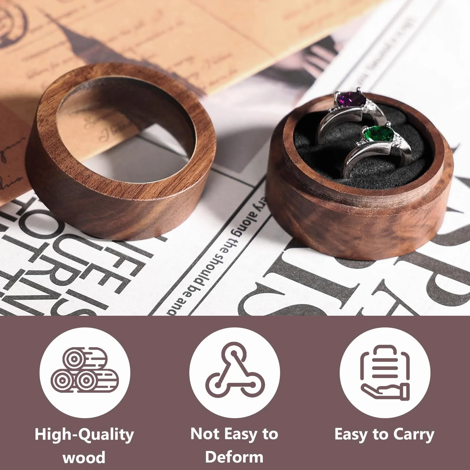 Ecrin Bague en Bois Rond pour 2 Bagues, Boite Alliance Mariage, Fabrication Artisanale