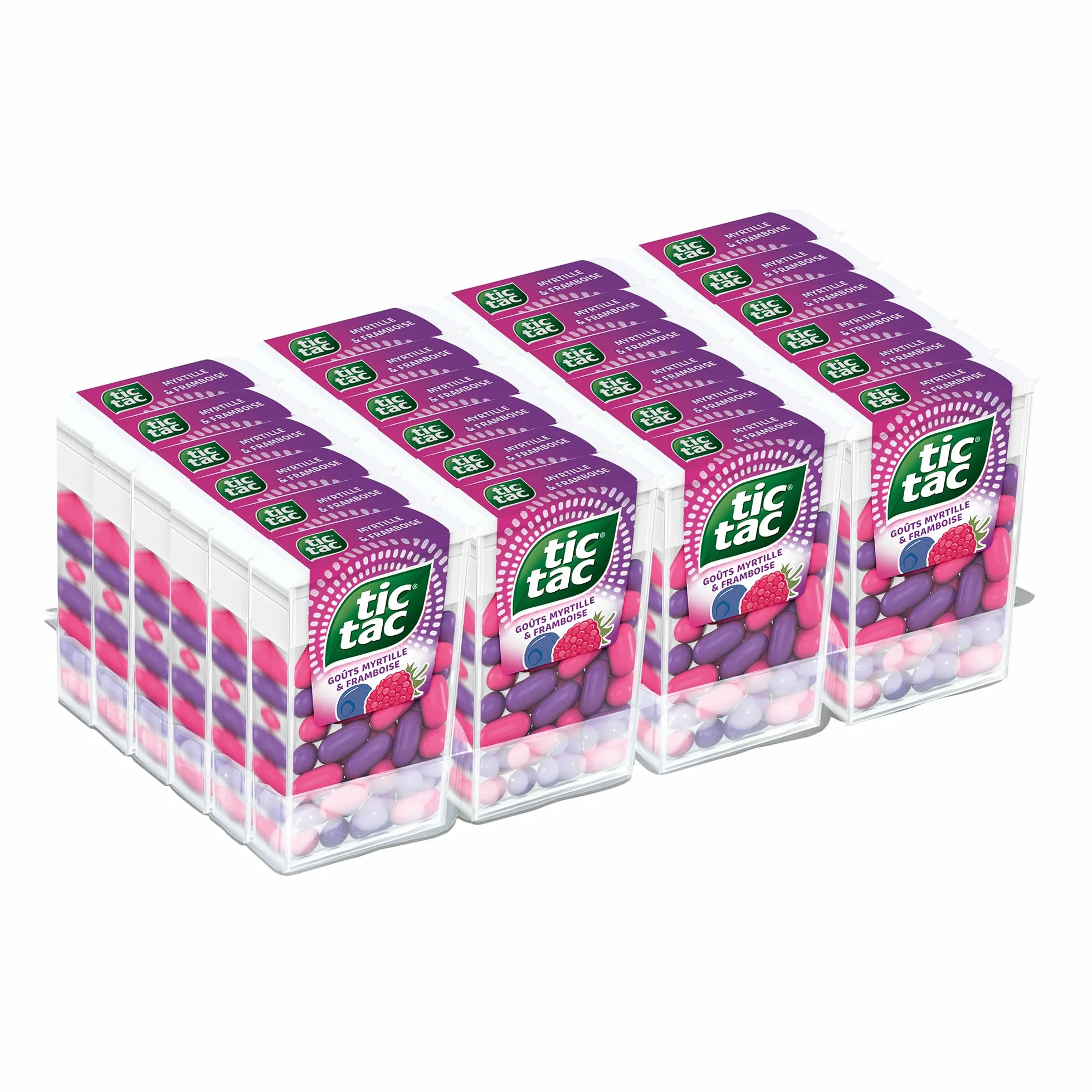 TicTac Goûts Framboise et Myrtille - Bonbons sucrés aux fruits - Format de Poche - 24 boites x 18g