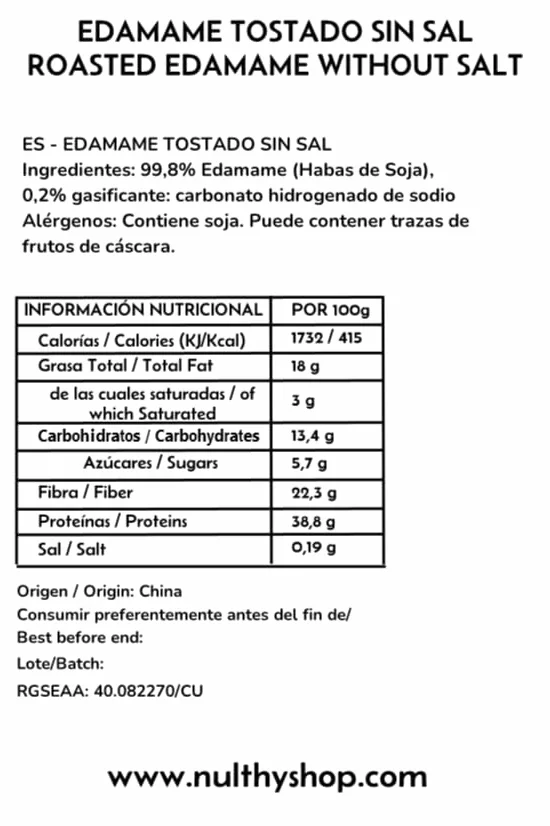 NULTHY - 1Kg Edamame Tostado sans Sel - Feves Grillées, Snack Sain et Riche en Protéines, Edamame Croquant, Graine de Soja, Fèves, Idéal pour Collations & Apéritifs, Faible en Calories