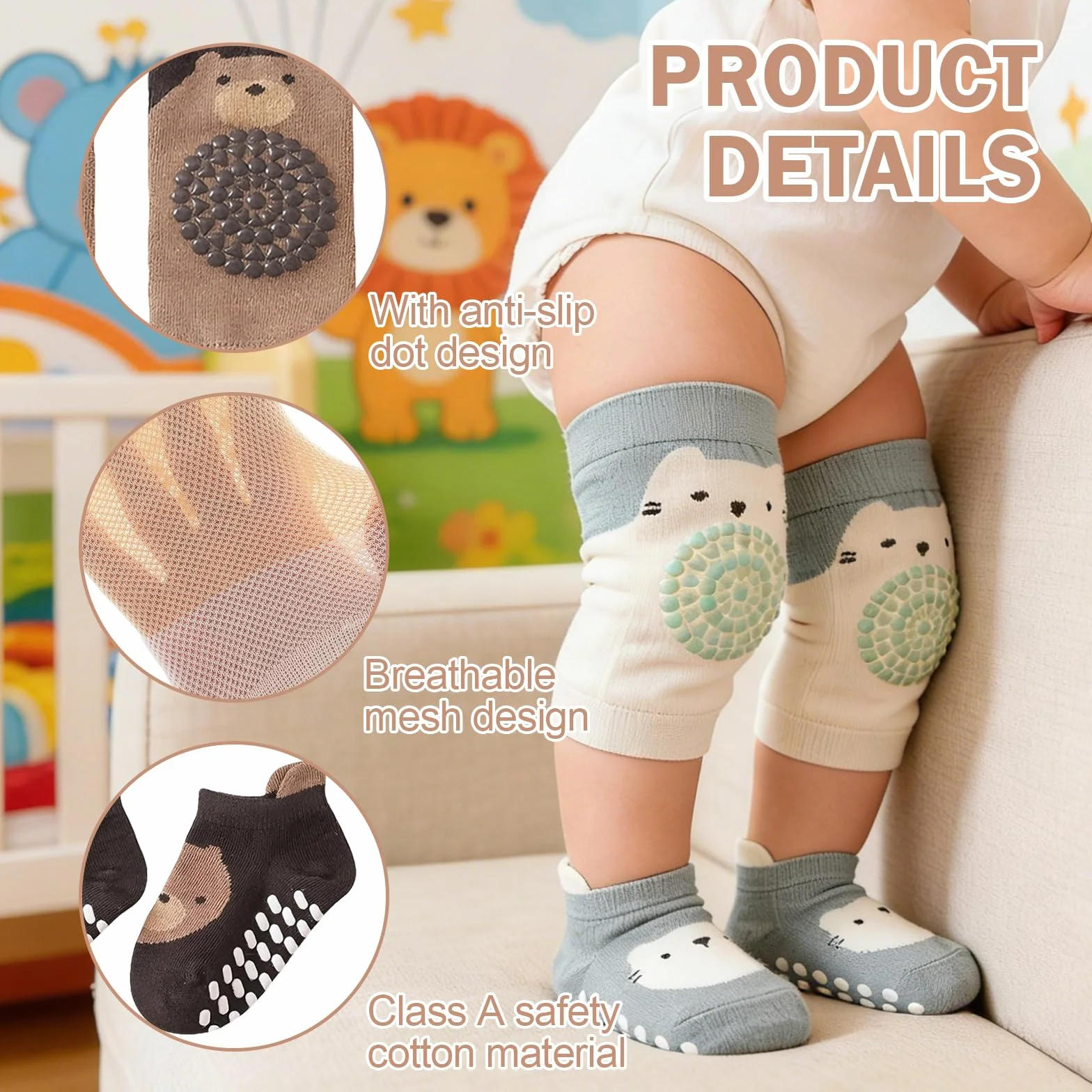 Genouillères Bébé Chaussettes Antidérapantes Motif Animaux 5 Paires