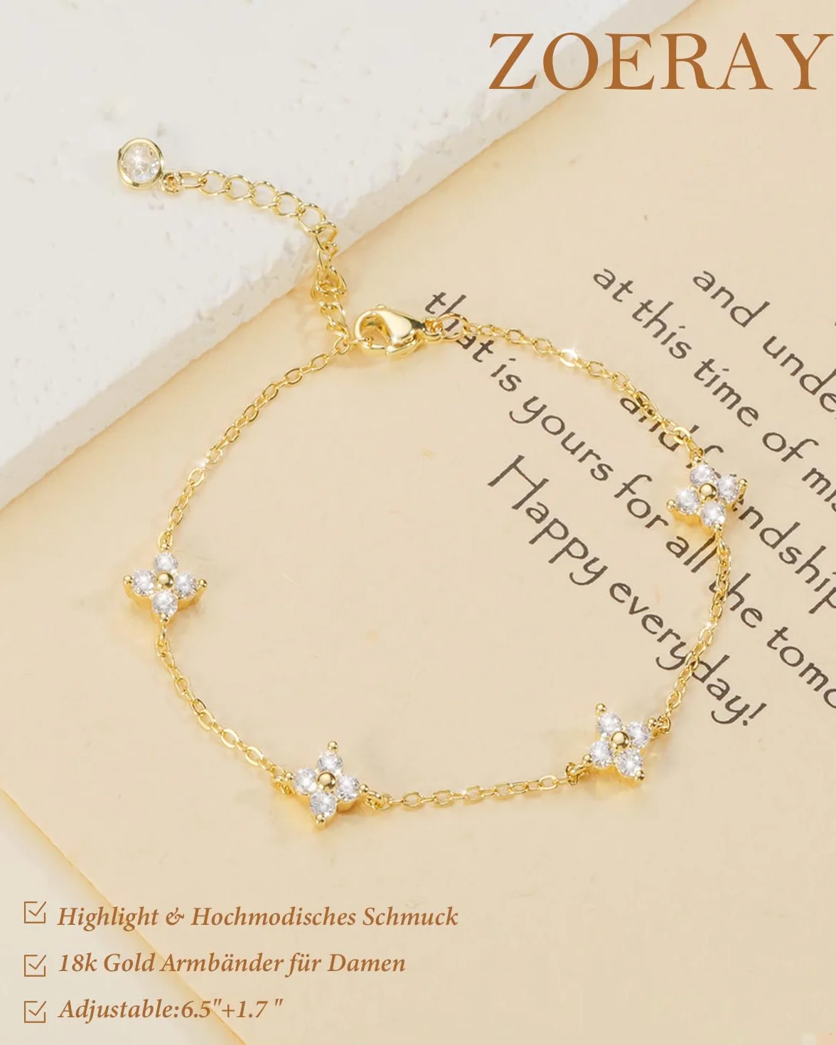 Bracelet Femme Argent 925 Plaqué Or 18K Zircon Cubique Trèfle 4 Feuilles Réglable