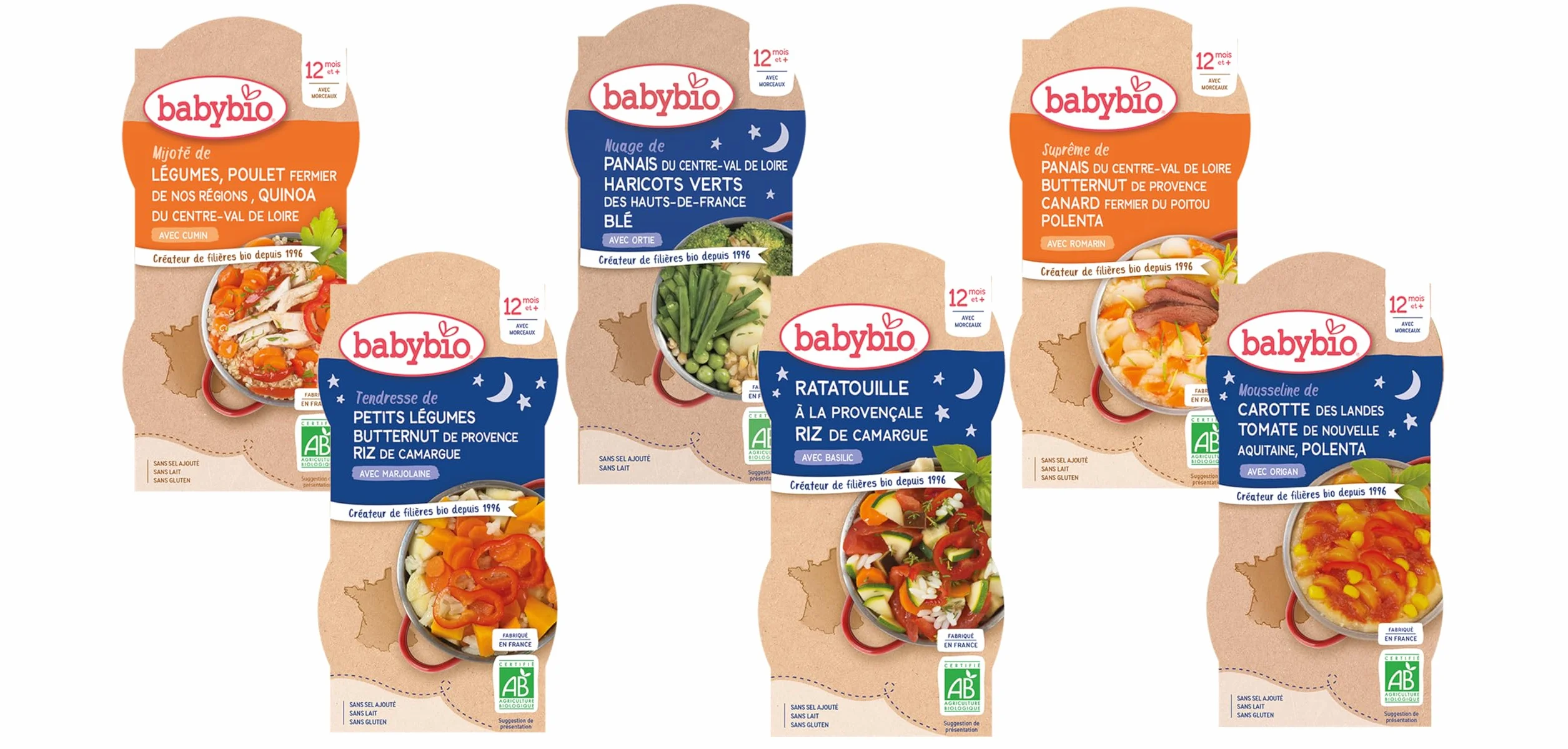 BABYBIO - 12 petits plats pour bébé - Repas midi et soir - Dès 12 Mois - 6 recettes - BIO - 12 x 200g