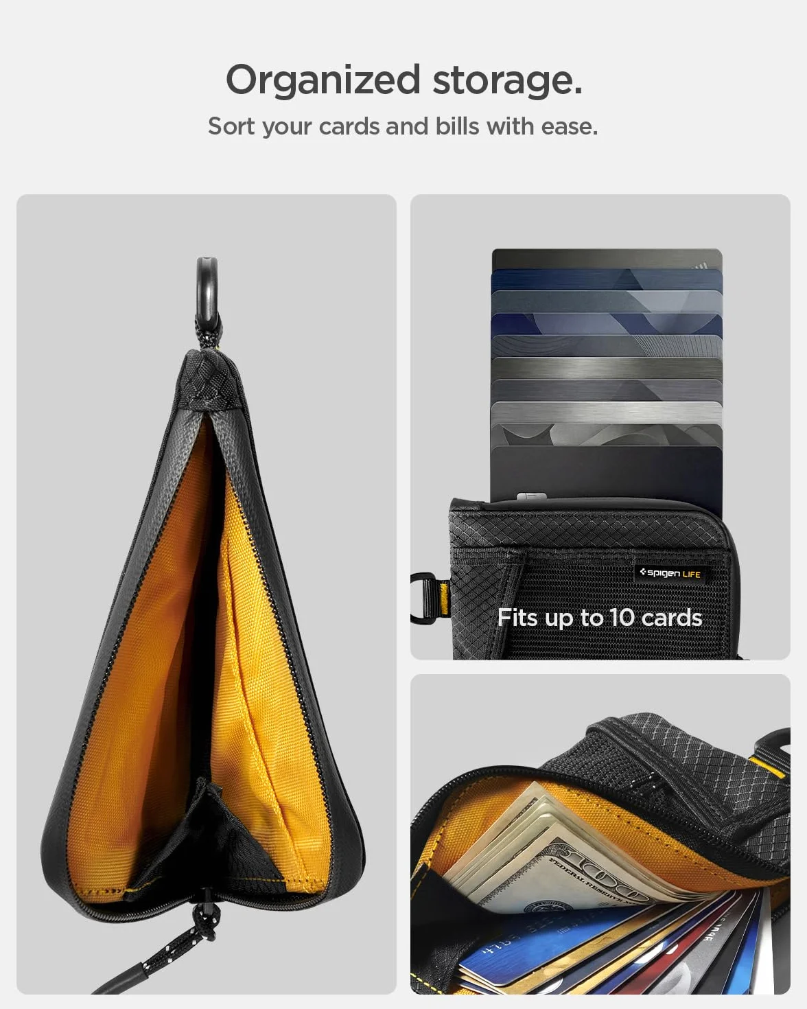 Spigen Life LF300 Portefeuille en Tissu Compact RFID, Pochette EDC Résistante à l’Eau avec Fermeture Éclair YKK, Capacité 10 Cartes, Noir