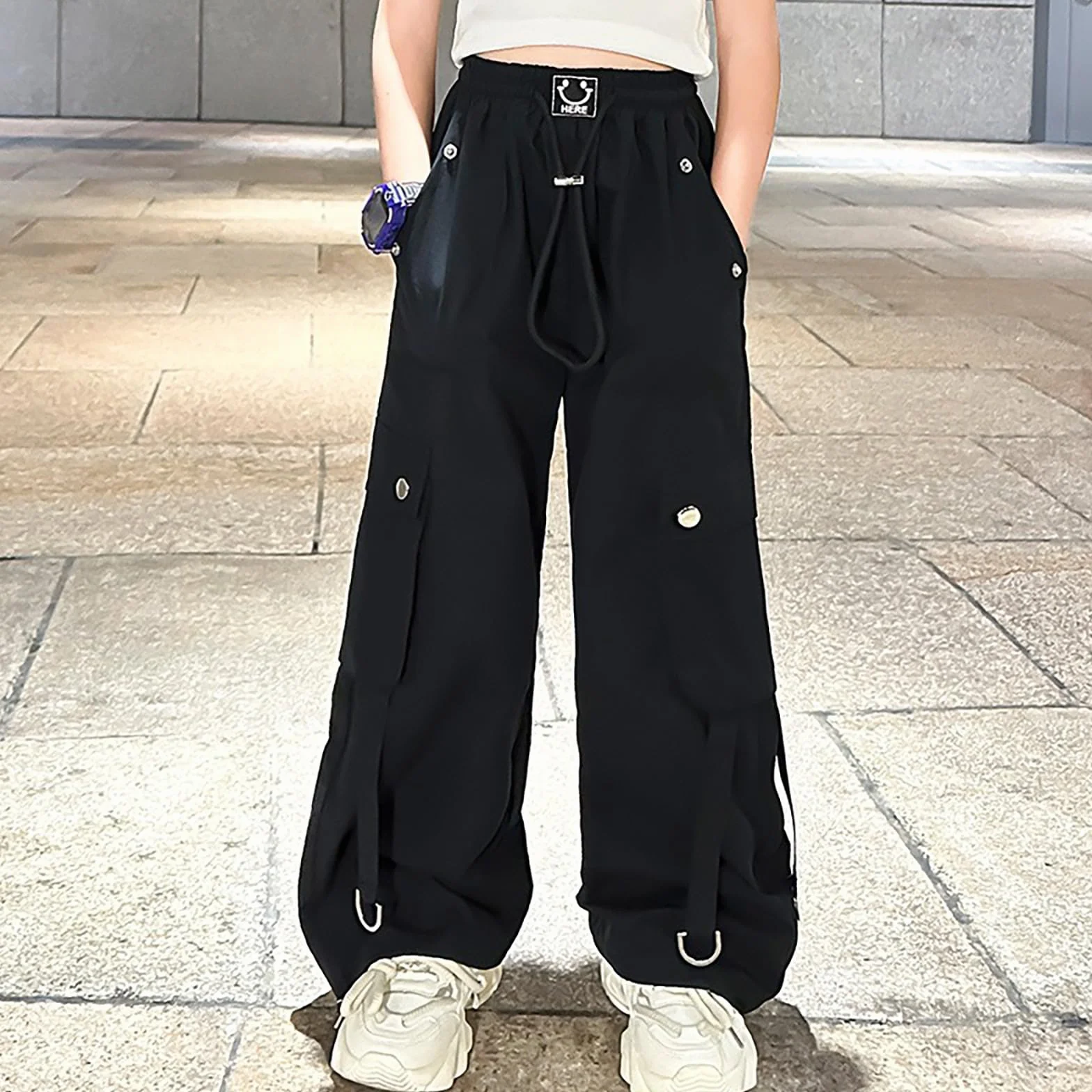 Pantalon cargo unisexe taille haute jambe large pour danse décontractée et plein air