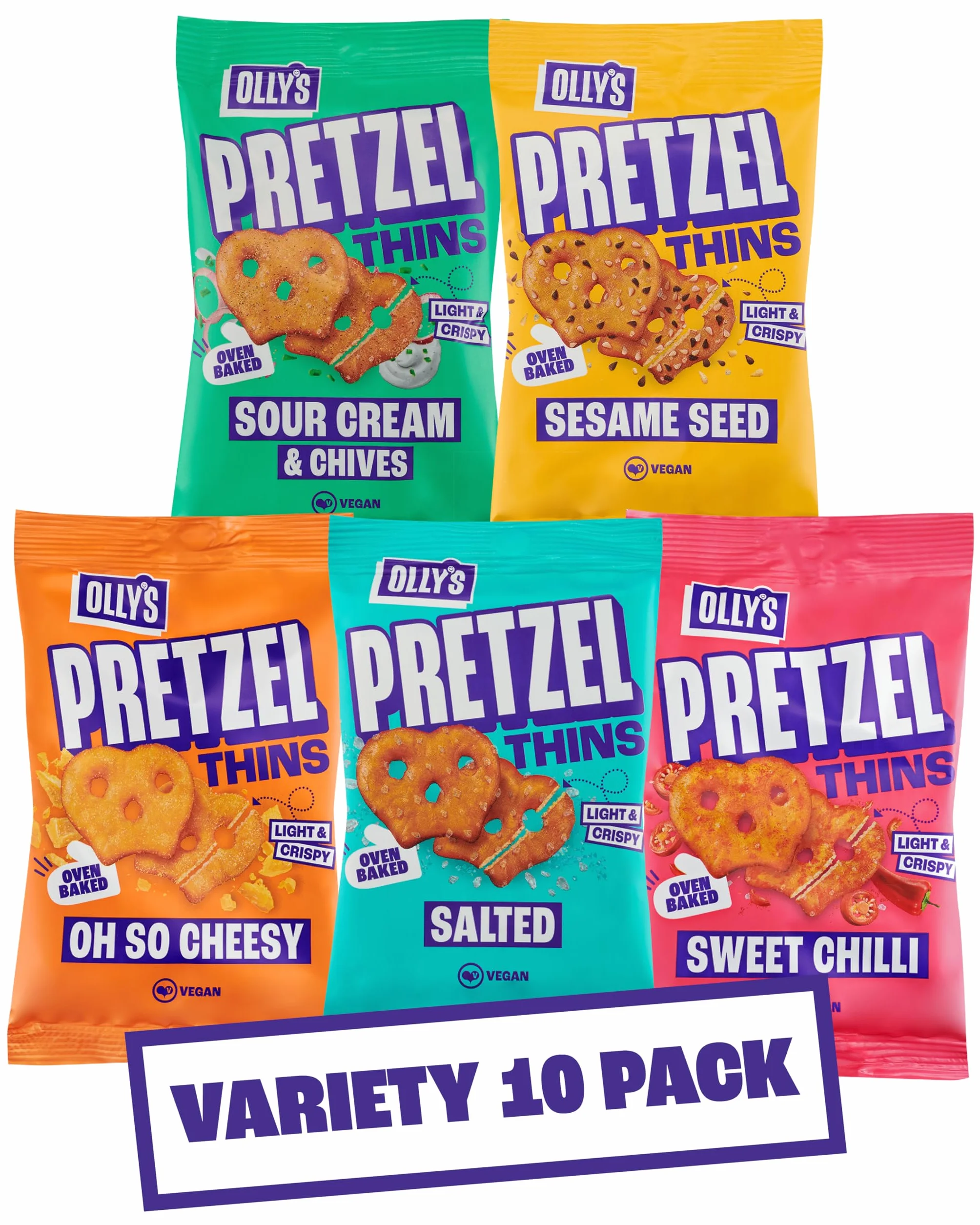 Olly's Pretzel Thins, lot de 10 variétés de 35 g, 2 salés, 2 graines multiples, 2 crèmes sures, 2 piments doux, 2 collations au fromage, faible en calories, faible en gras, source de fibres, sans