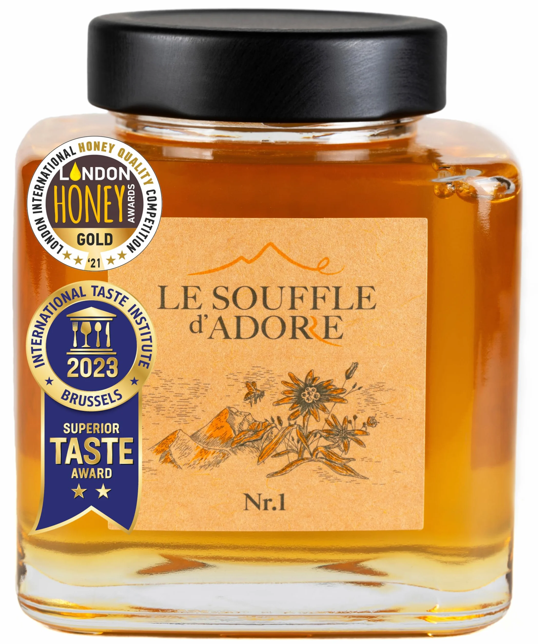 Le Souffle d'Adore Sélection - Miel d'Acacia 500g - Miel Naturel Pur en Pot de Verre - Sans Sucre Ajouté - Sans Additifs - Texture Liquide - Goût Doux - Primé