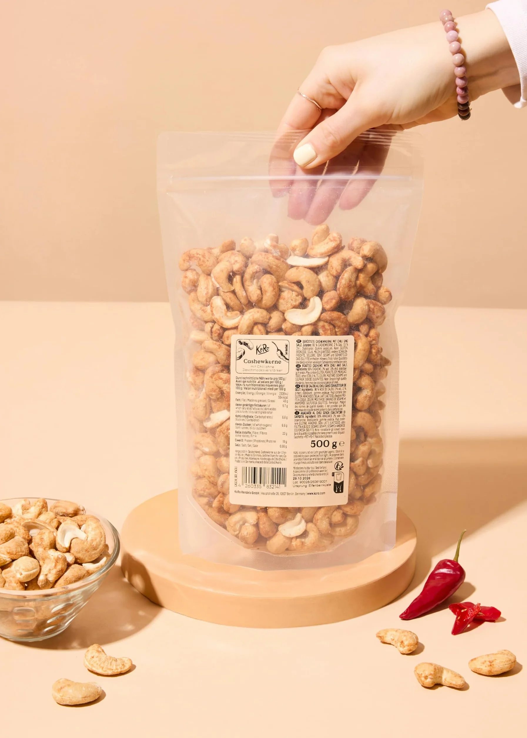 KoRo - Noix de cajou au piment 500 g - Snack épicé à base de noix de cajou et de poudre de chili