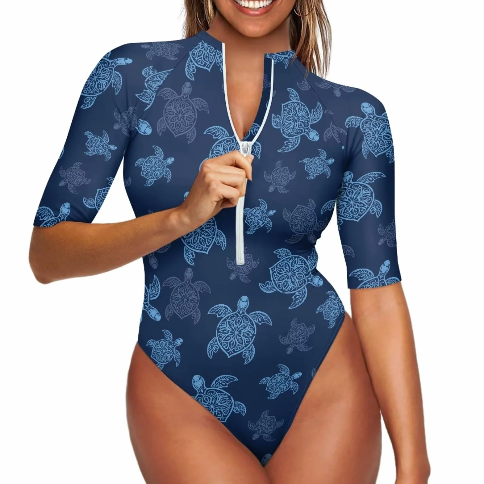 Belidome Maillot de bain une pièce femme demi-fermeture éclair manches 3/4