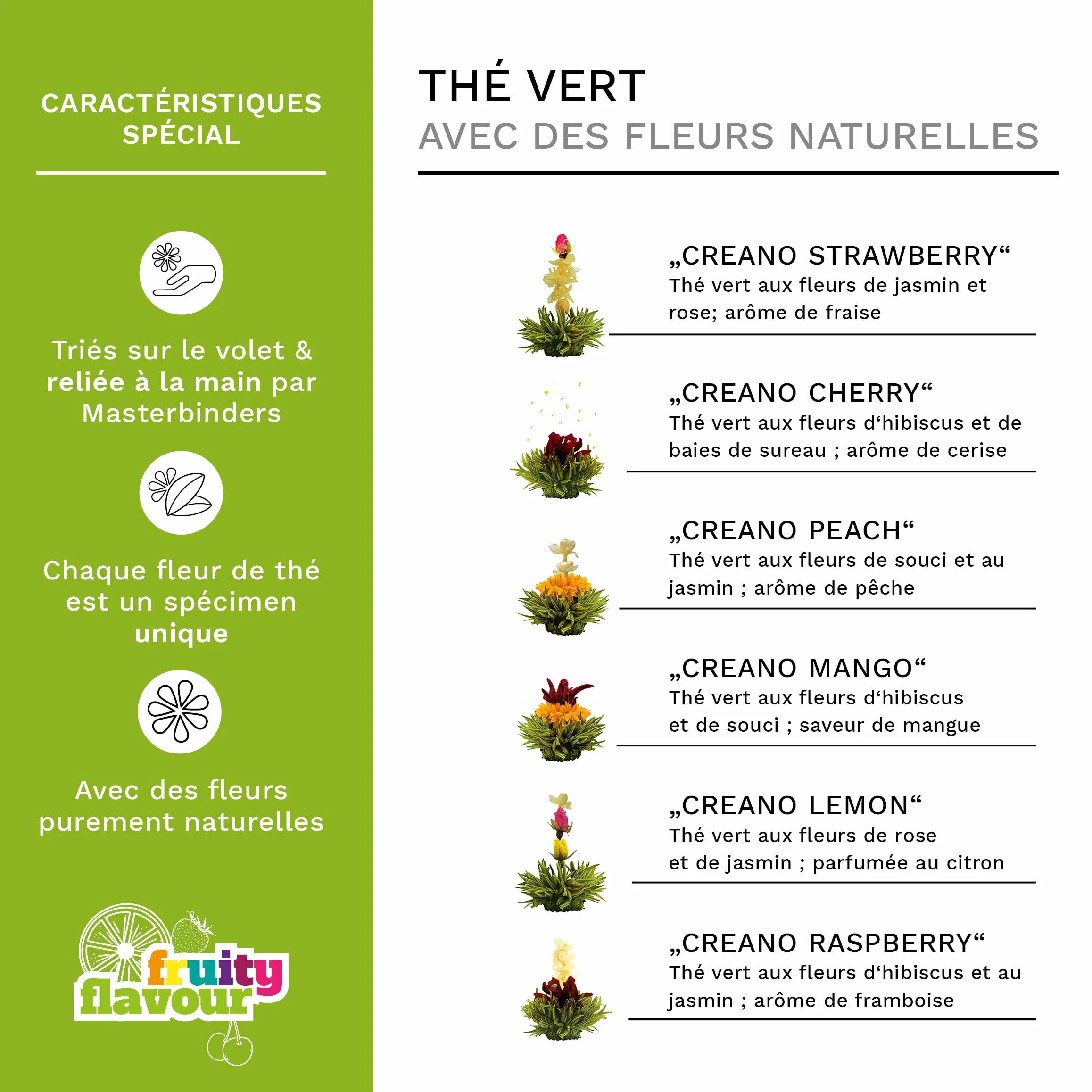 Creano „Fleurs de Thé“ Verts 6 pcs – Théière en Verre 500ml sans goutte – 6 variétés de thé vert aromatisé – Idée cadeau femme