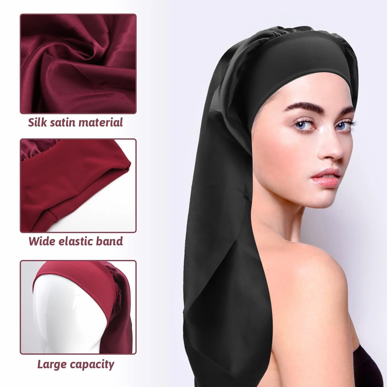 Bonnet Satin Cheveux Long en Soie pour Soins Capillaires