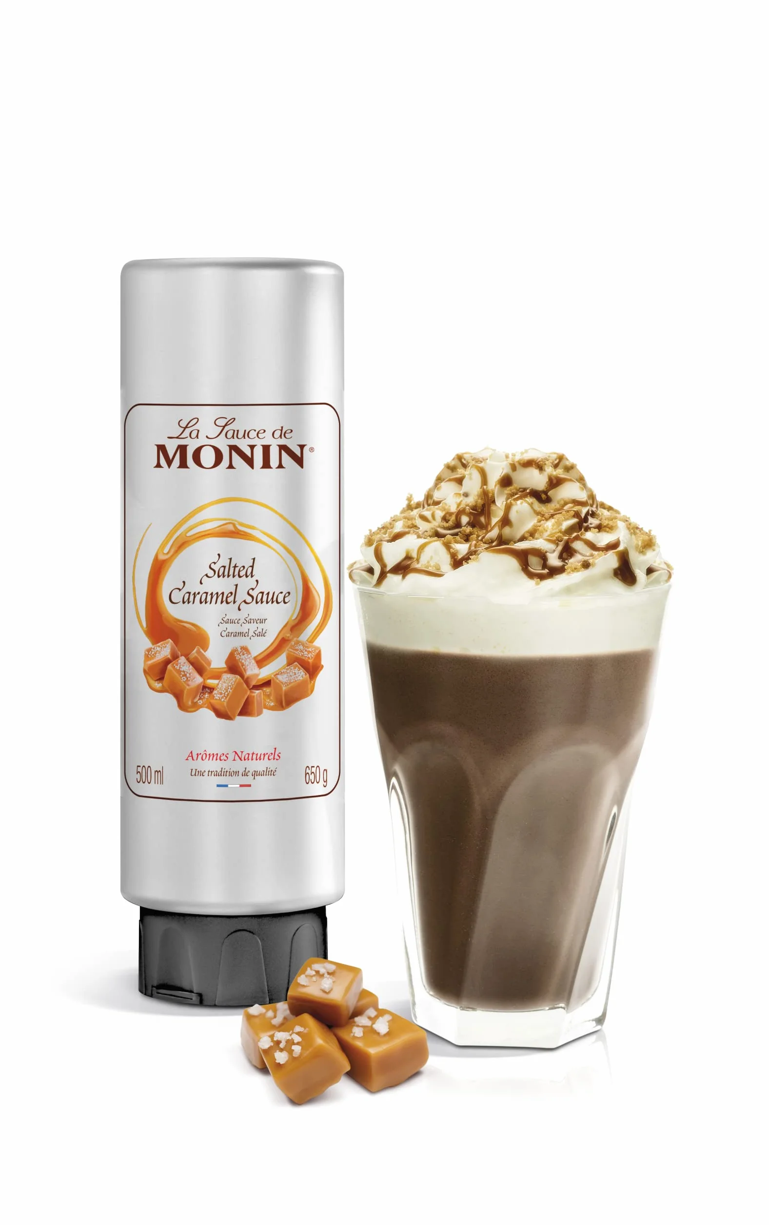 MONIN Sauce caramel salée premium 500ml pour frappe, dessert, cocktail, chocolats chauds et garnitures. Végétarien, sans noix, sans gluten. Saveur 100% naturelle. Bouteille souple pour une utilisation