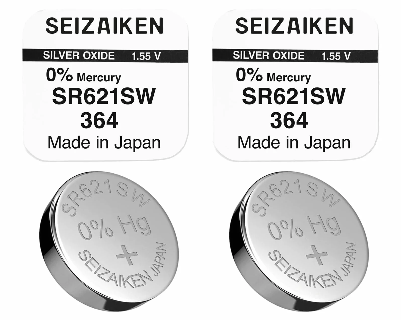 Lot de 2 piles bouton SR621SW à l'oxyde d'argent 1,55 V pour montre fabriquées au Japon