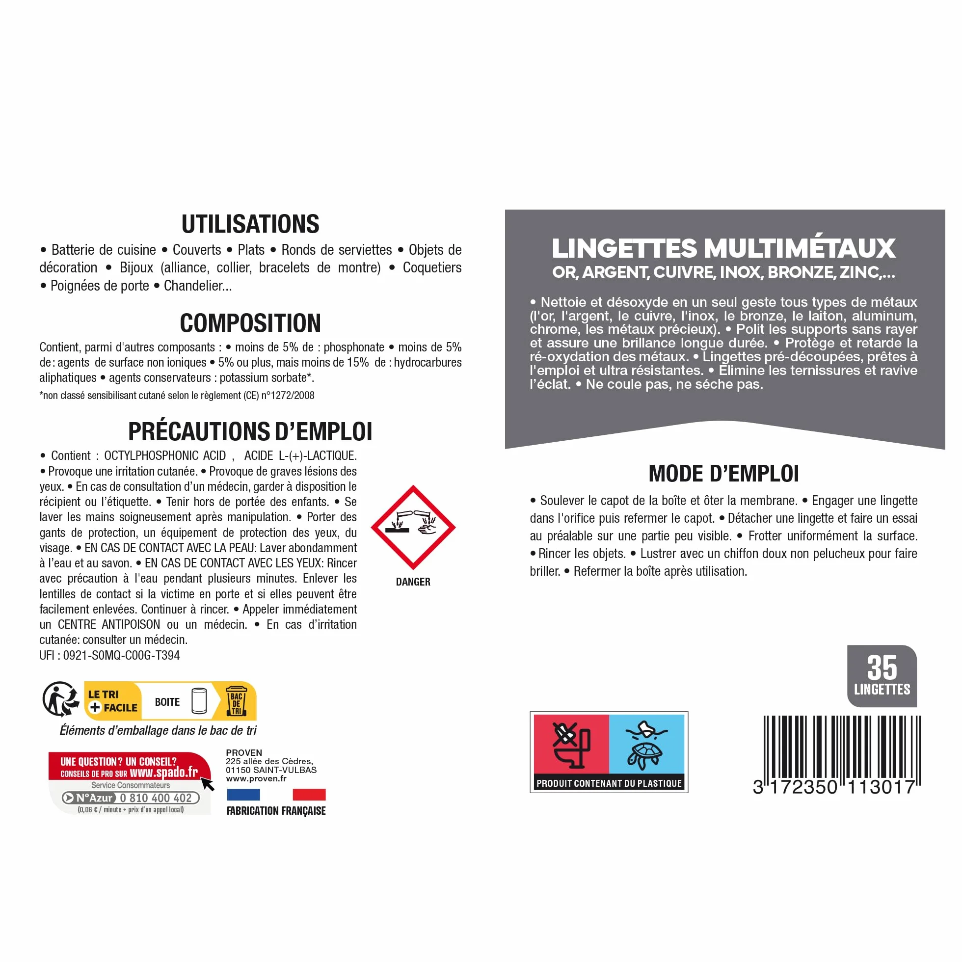 SPADO - Lingettes multi métaux - Nettoie et désoxyde couverts, bijoux, plats et argenterie - Fait briller - Lingette désincrustantes - 35 lingettes - Fabriqué en France