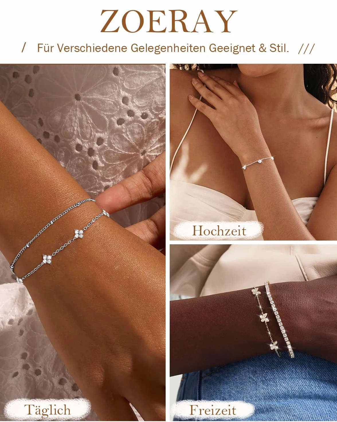 Bracelet Femme Argent 925 Plaqué Or 18K Zircon Cubique Trèfle 4 Feuilles Réglable