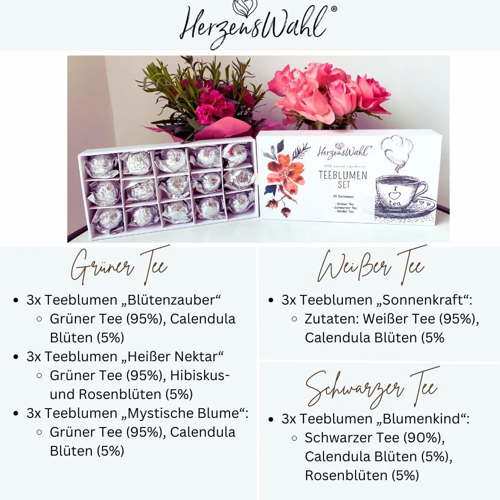 HerzensWahl Coffret cadeau de fleurs de thé - 15 fleurs de thé blanc, thé vert et thé noir dans une boîte à thé - Kit de dégustation de fleurs de thé pour les amateurs de thé avec boîte cadeau