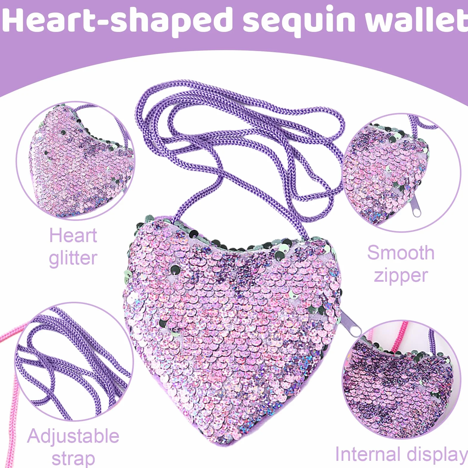 Porte-monnaie fille paillettes 4 pièces cœur enfant sac anniversaire portefeuille