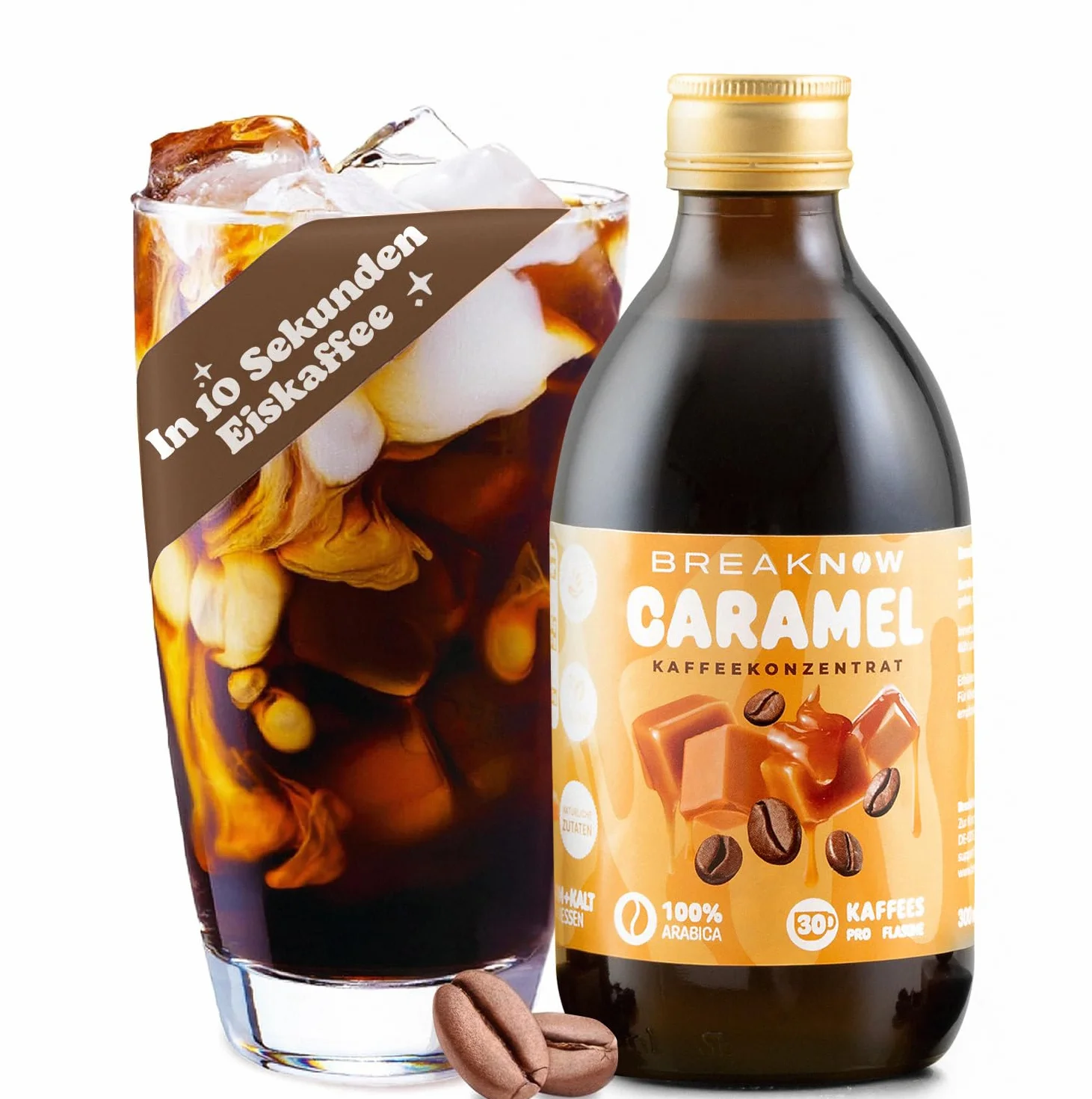 BreakNow Caramel Macchiato - Concentré de Café Glacé avec Arôme de Caramel - Sirop pour Cappuccino, Frappé - Prêt en 10 Secondes - 1 Bouteille = 30