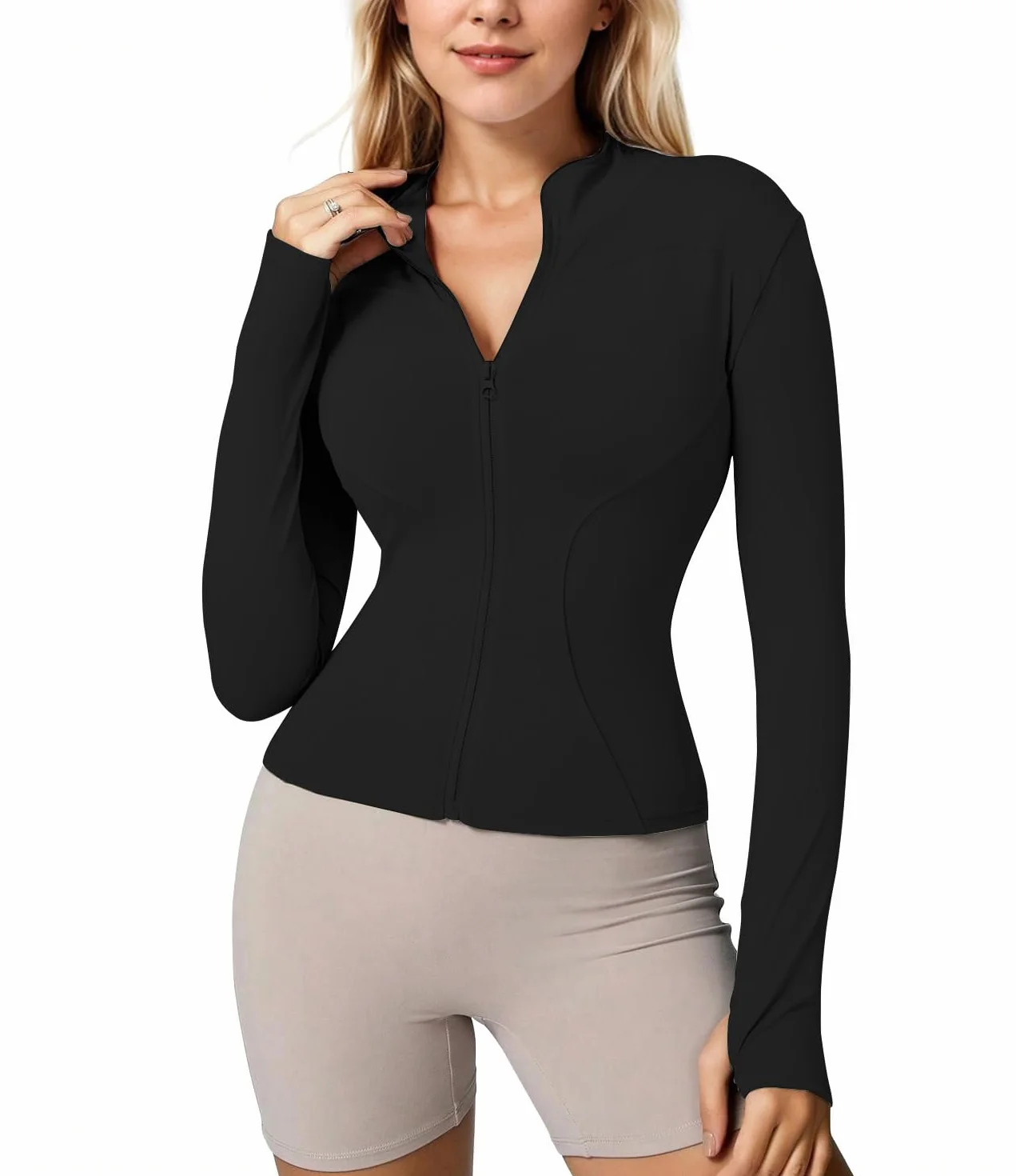 Pull à Manches Longues pour Femme Demi-Fermeture éclair Trou Pouce Yoga
