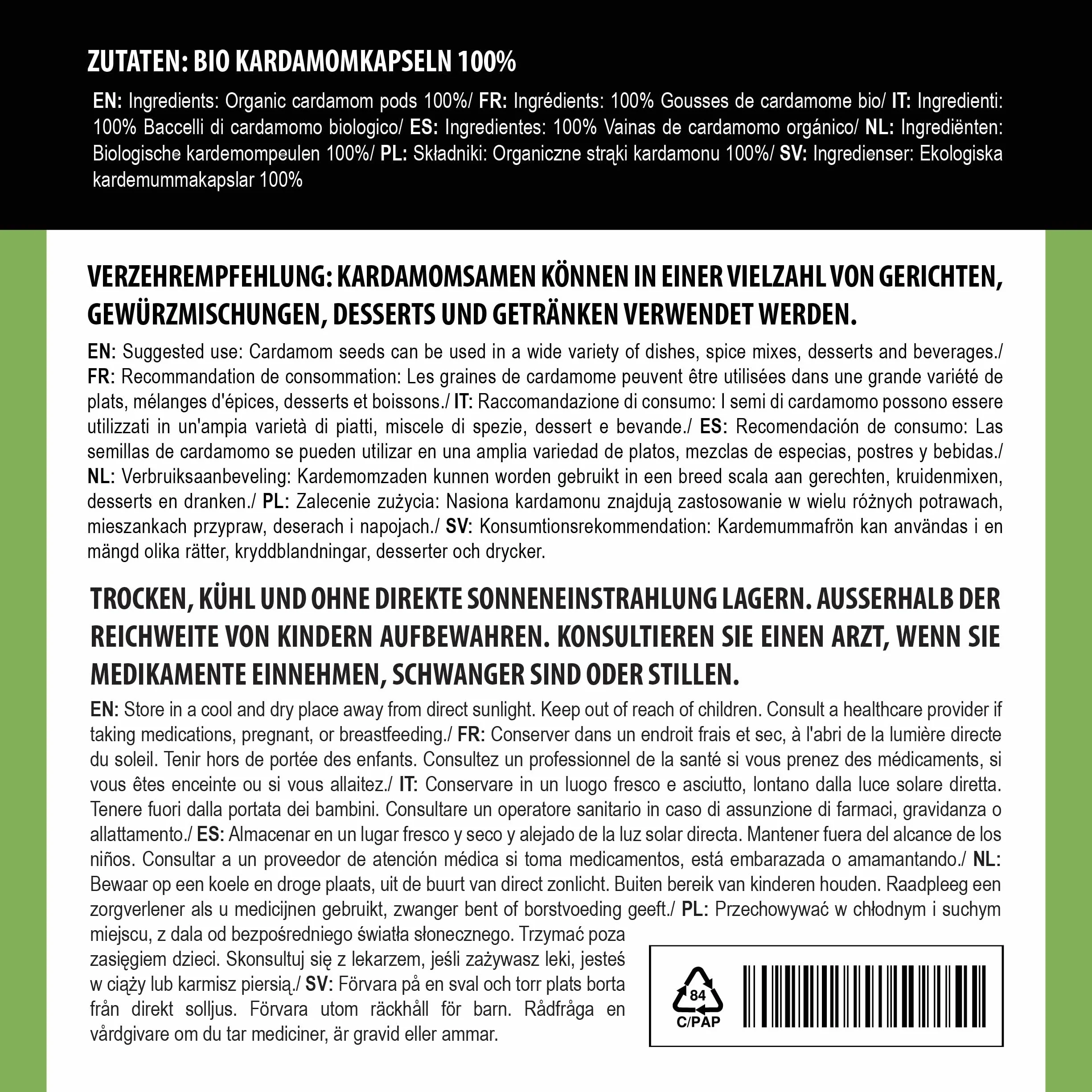 Alpi Nature Cardamome BIO Gousses Entières 200g, Gousses de Cardamome Verte Entières avec Graines pour la Cuisine