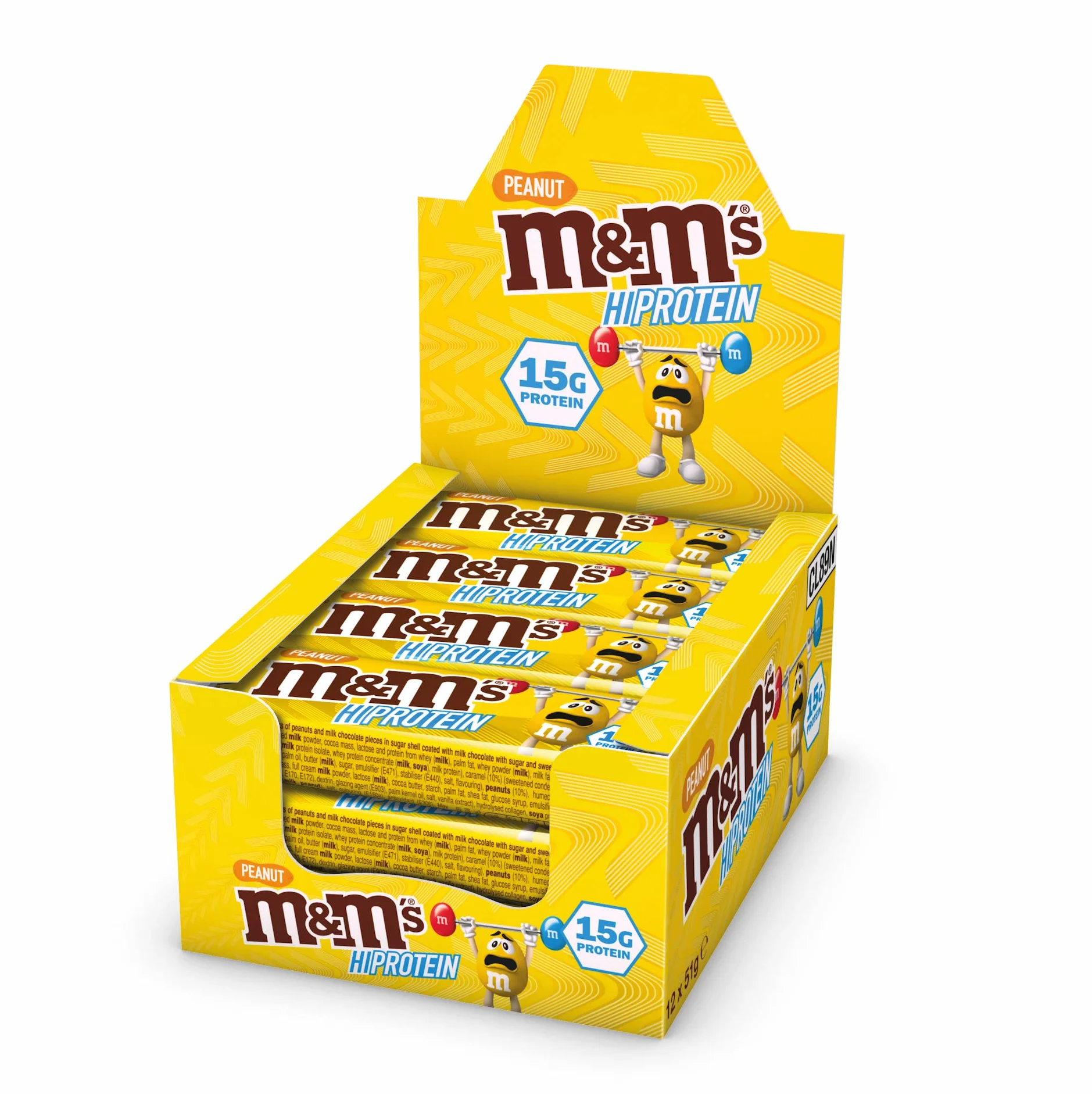 M&M's Hi Protein Peanut Bar (12 x 51g) - High Protein Snack with M&M's, Peanuts, Caramel and Milk Chocolate - Contains 15g Protein