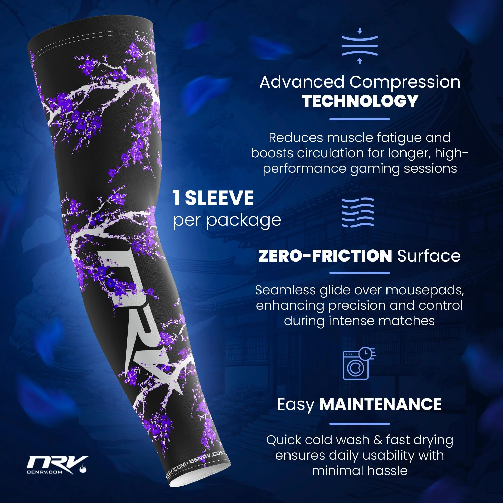 NRV Manchette Gaming eSport Dark Sakura – Compression Confort & Contrôle – Anti-Friction – Design Japonais Élégant – Noir & Violet – Taille S à 3XL