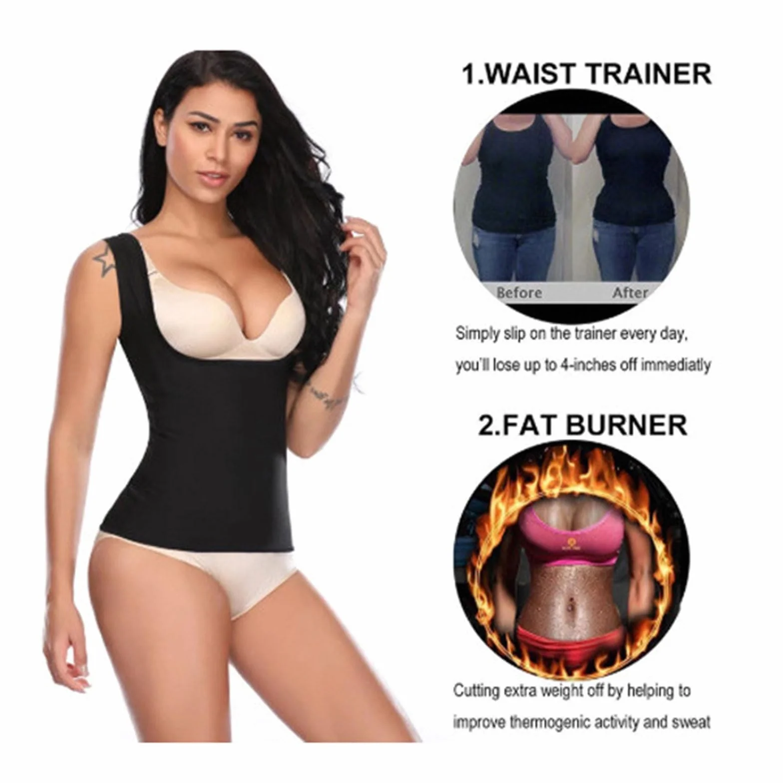 Gilet de Sauna Néoprène Femme, Corset Minceur Fitness Noir Taille M