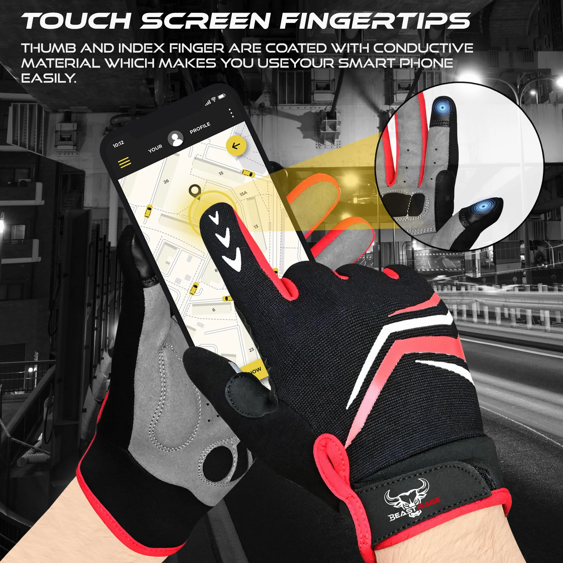BEAST RAGE Gants de Cyclisme à Doigts complets avec Rembourrage Hommes Femmes antidérapants écran Tactile VTT BMX Course
