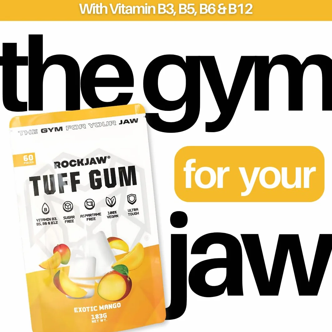 ROCKJAW® Jawline Gum Tuff Gum 2.0 complexe de vitamines B sans aspartame sans sucre xylitol 2 mois d'approvisionnement mangue exotique