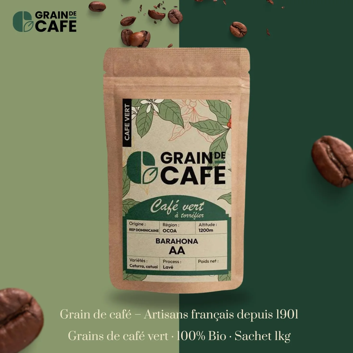 Graindecafé – Café Vert République Dominicaine 1kg | 100% Arabica Non Torréfié | De Montagne Rond & Gourmand | Notes De Chocolat Noix Fruits Jaunes | Idéal Machine À Grain Une Fois Torréfié