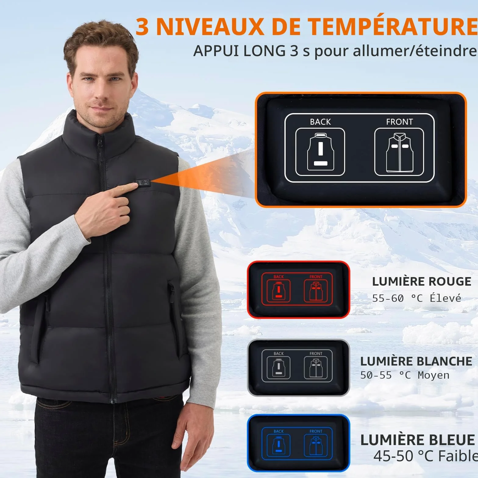 Veste Chauffante Homme 7.4V 18400mAh Batterie Incluse Gilet Chauffant 3 Températures Réglables Lavable