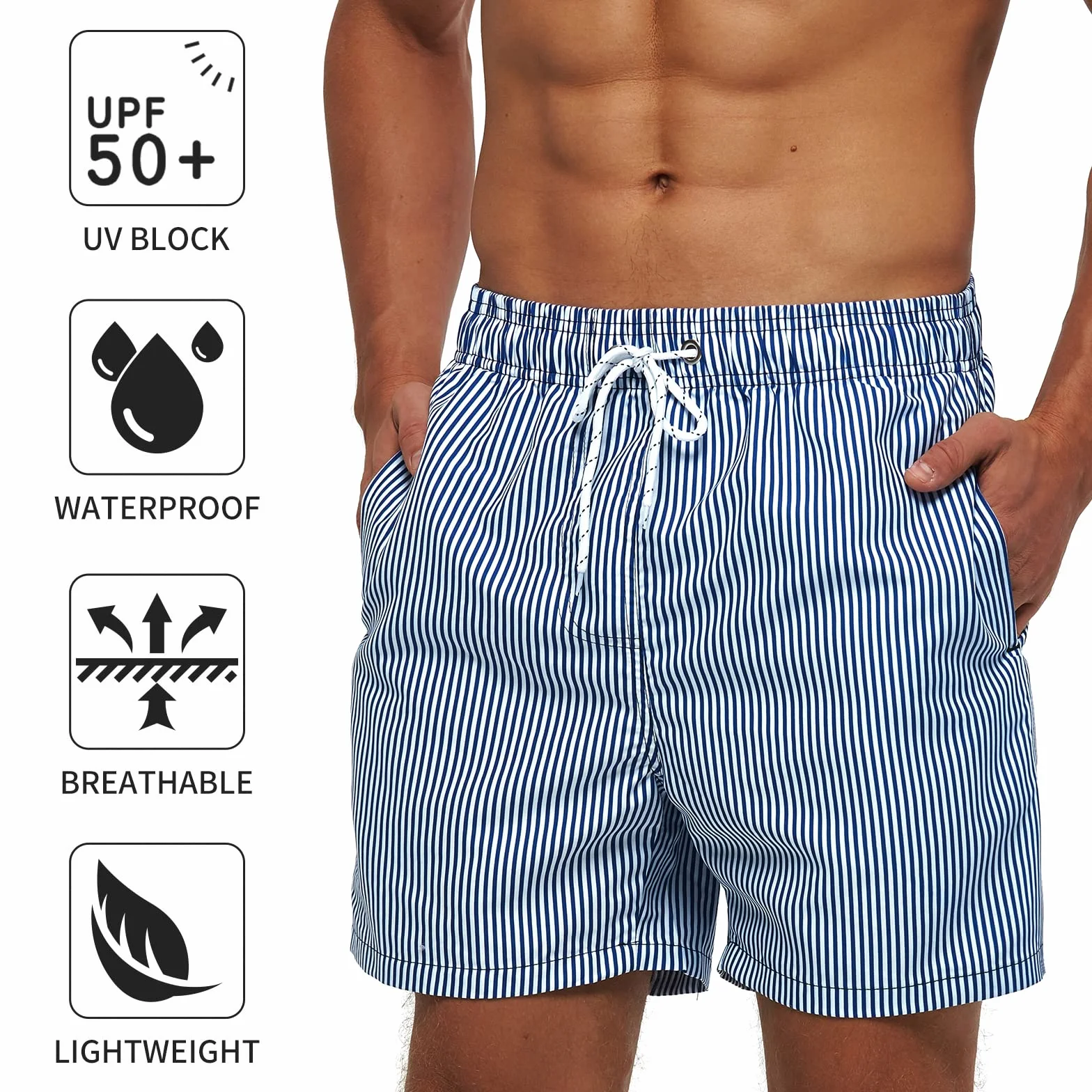 Maillot de Bain Homme Séchage Rapide Respirant 3 Poches Short Plage Doublure Filet Cordon Serrage