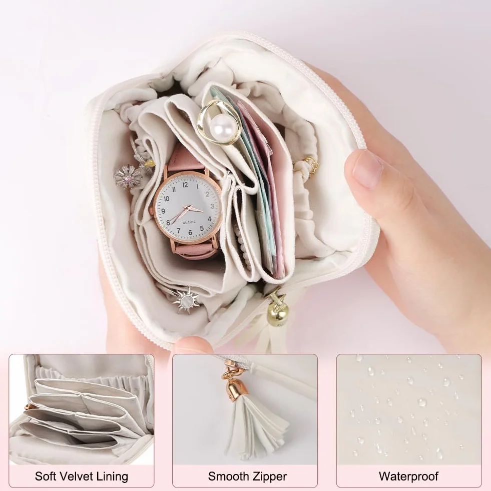 Pochette Bijoux Portable Multifonction Beige, Boîte à Bijoux de Voyage avec Franges