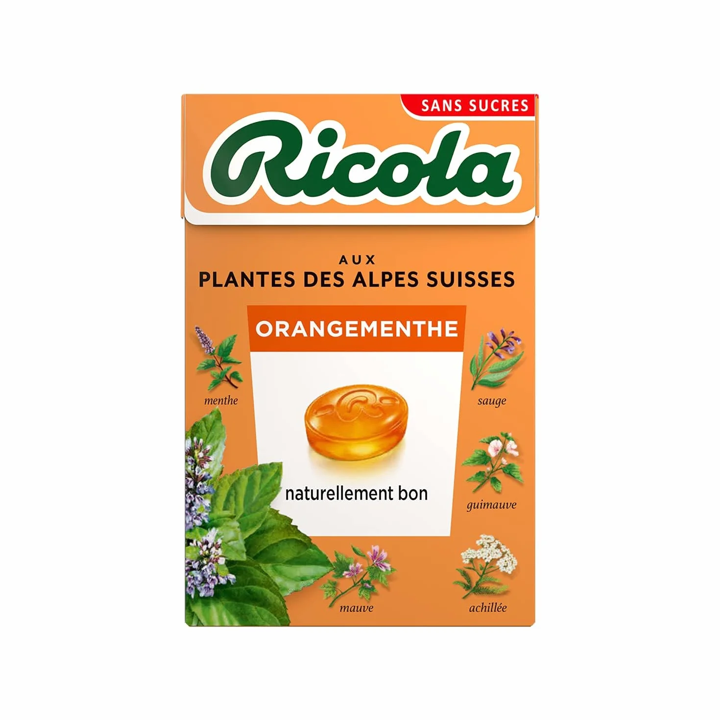 RICOLA - Bonbons aux Plantes Suisses, Parfum OrangeMenthe, Sans Sucres, Boîte de 50g- Carton de 20 Boîtes de 50g