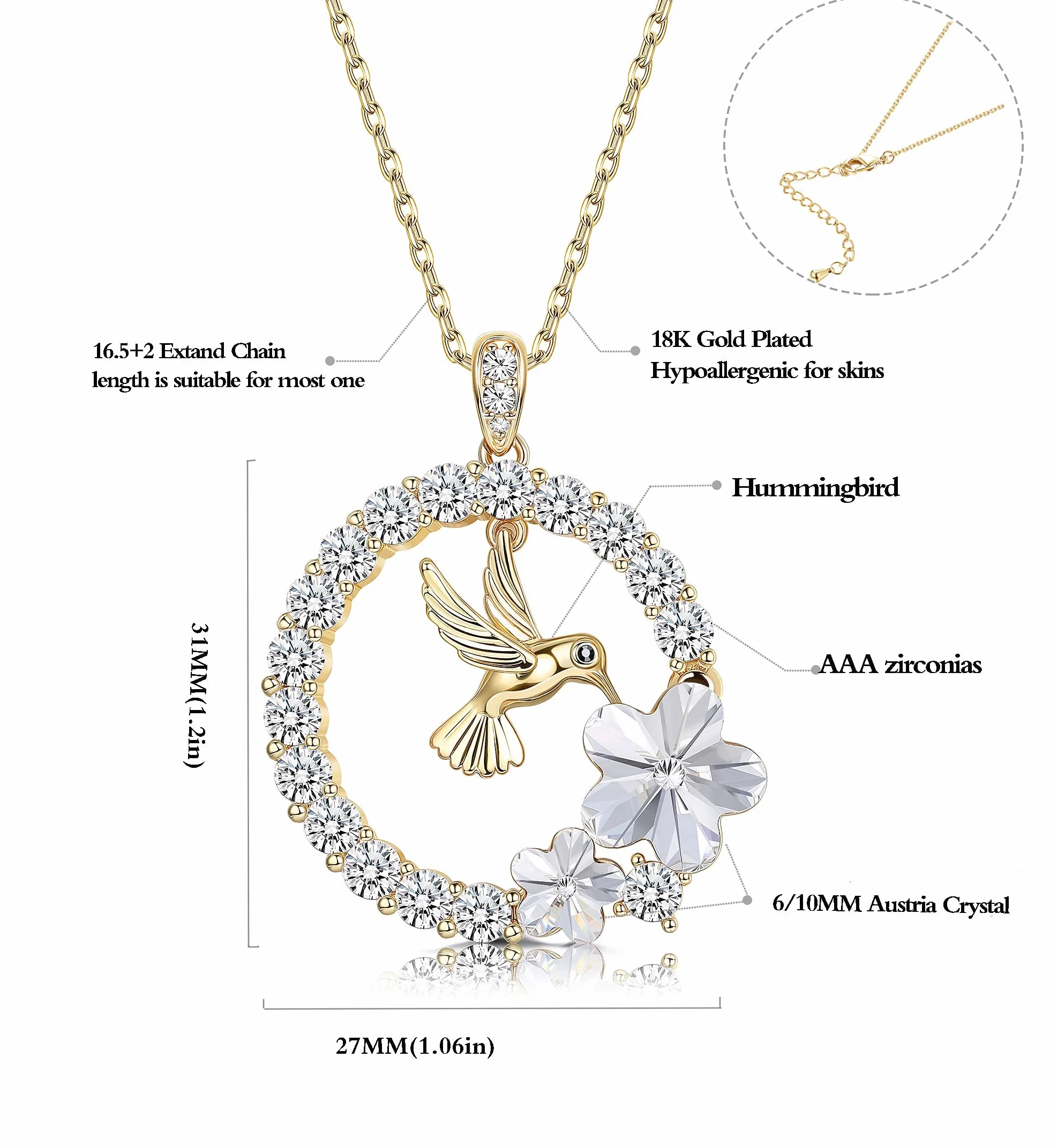 Collier Pendentif Colibri Plaqué Or 18 Carats pour Femmes Argent Cristal Bijoux