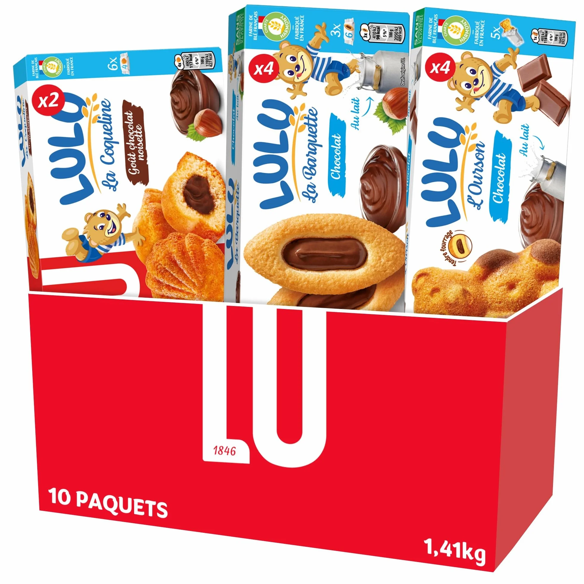 LU - La Boîte Chocolatée Lulu - Lot de Biscuits et Gâteaux - 4 x Lulu La Barquette Chocolat Noisettes - 2 x Lulu La Coqueline Chocolat - 4 x Lulu L'Ourson Chocolat - Lot de 10 Paquets soit 1,41kg