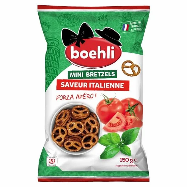 BOEHLI - Mini Bretzels Saveur Italienne Sachet 150 G - Quatre Articles