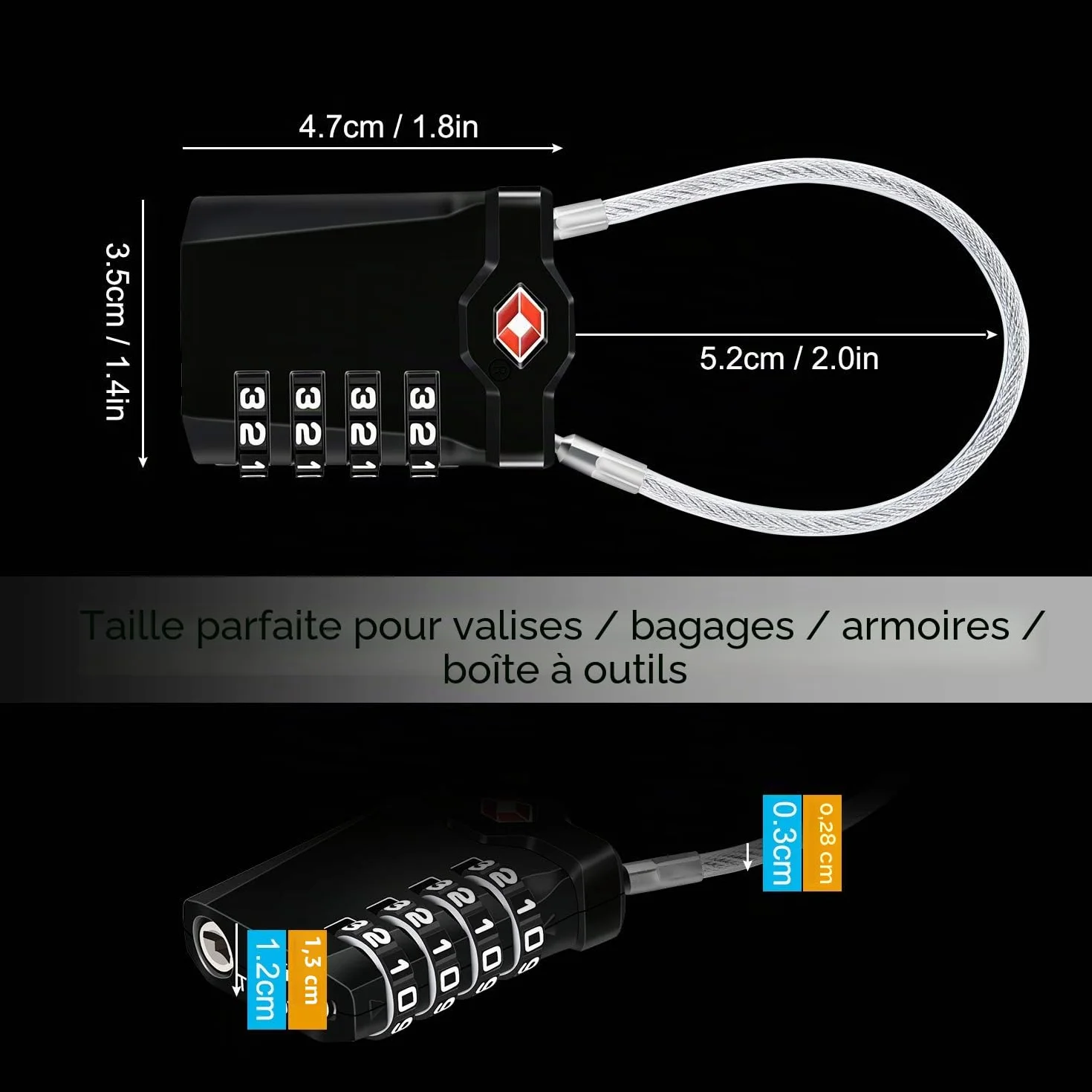 Diyife Cadenas à Code 4 Chiffres Lot de 2 avec Câble 14cm Noir