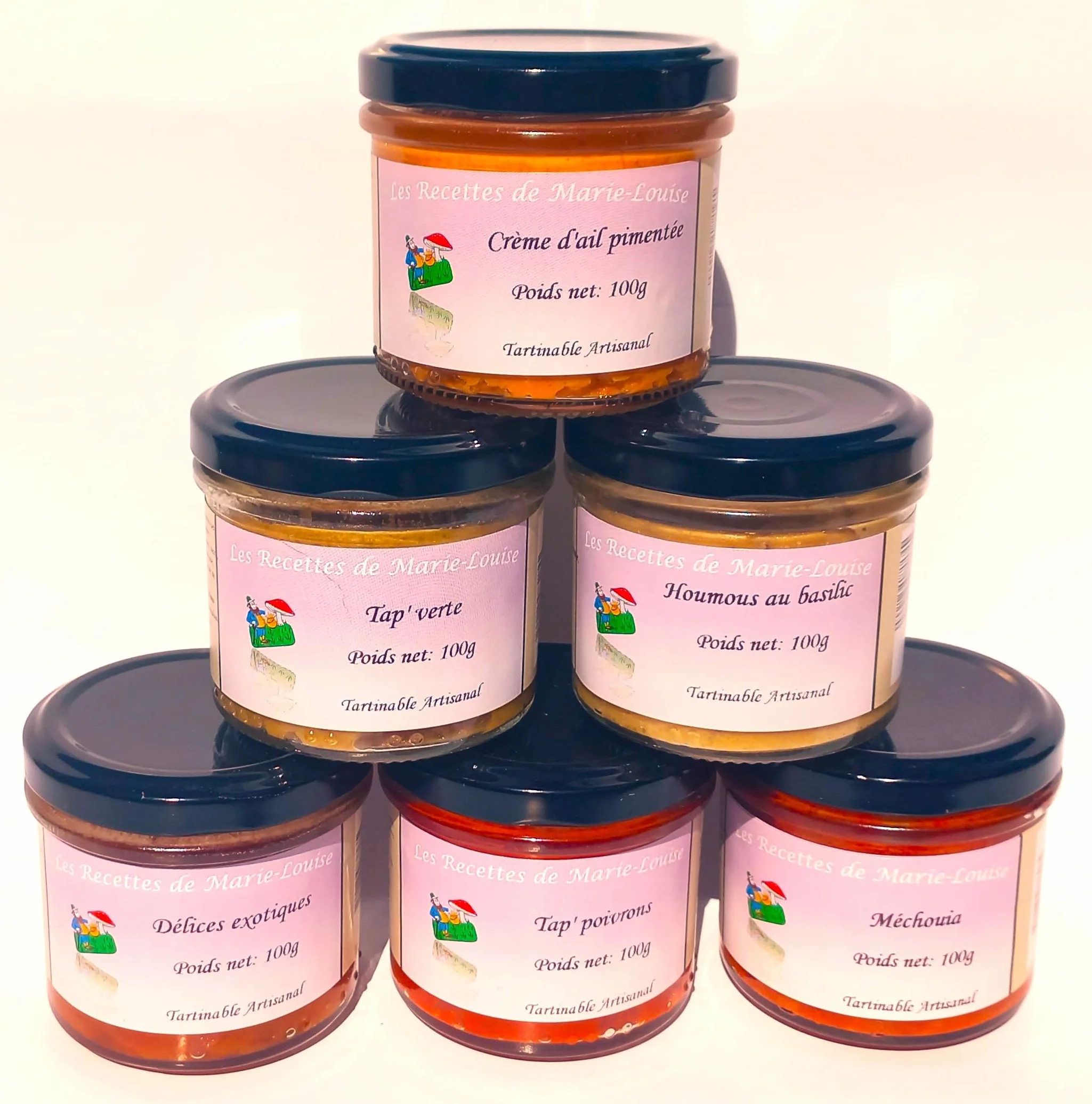 Lot de 6 tartinables artisanaux pour l'apéritif (Les classiques: Tap' Kalamata, Tap' Verte, Tap' Poivrons, Houmous au basilic, Tap' Artichauts, Tap' Tomates)