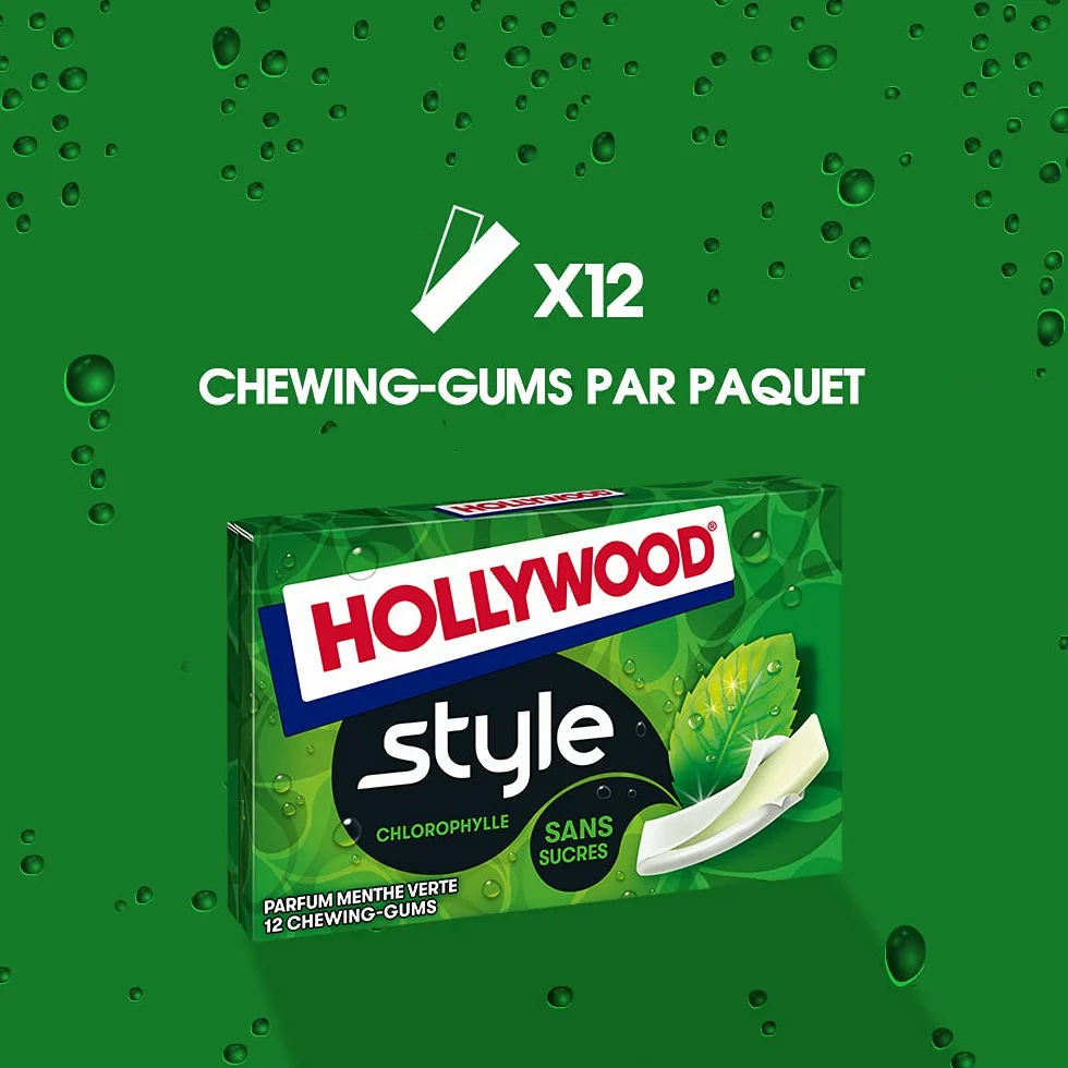 Hollywood Chewing Gum Style Parfum Chlorophylle Sans Sucres Lot 18 paquets 12 gums 23 g