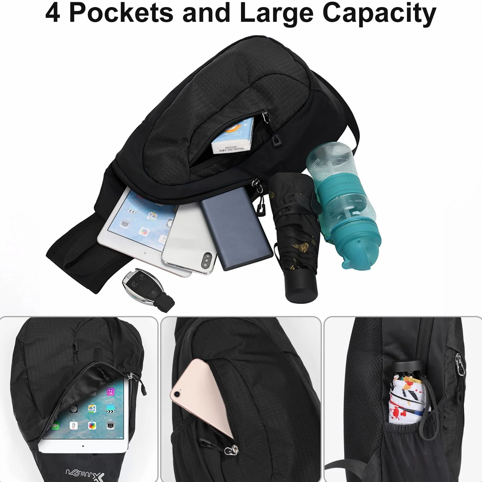 Sacoche Homme Bandouliere Grande Capacité Sac de Poitrine Léger Étanche Sling pour Hommes Femmes Randonnée Cyclisme Voyage Noir Carbone
