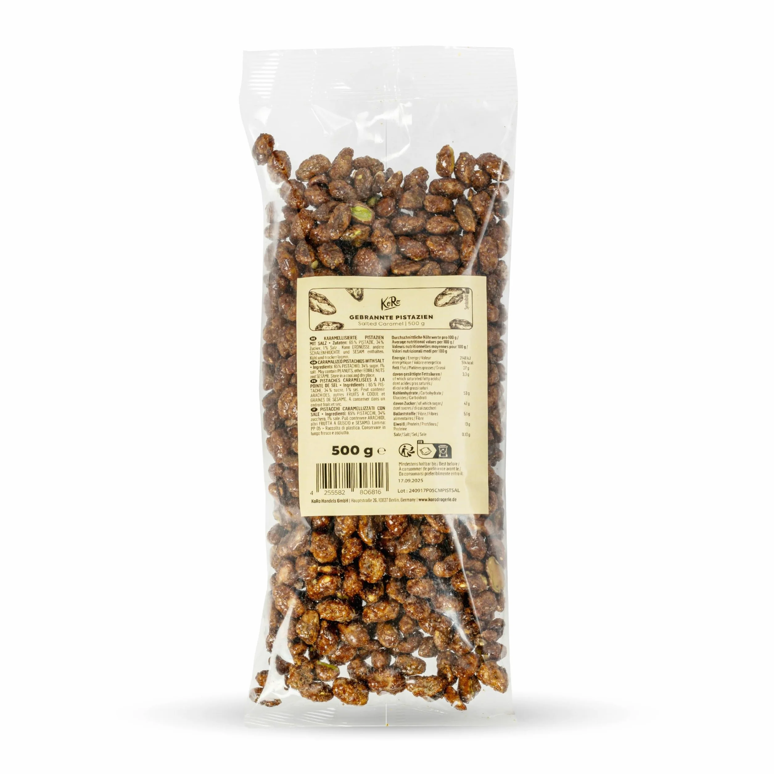 KoRo - Pistaches au caramel salé 500g - Pistaches grillées et caramélisées avec une pincée de sel - Combinaison de sucré et de salé - 500g vrac