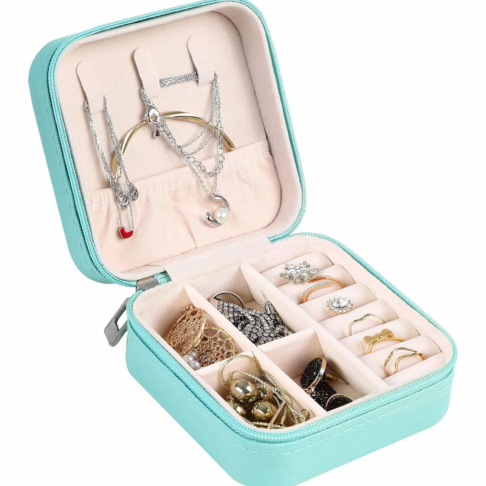 AiQInu Boîte à Bijoux de Voyage, Petite Coffret PU-Leder Rangement pour Bagues, Boucles, Colliers (Bleu)