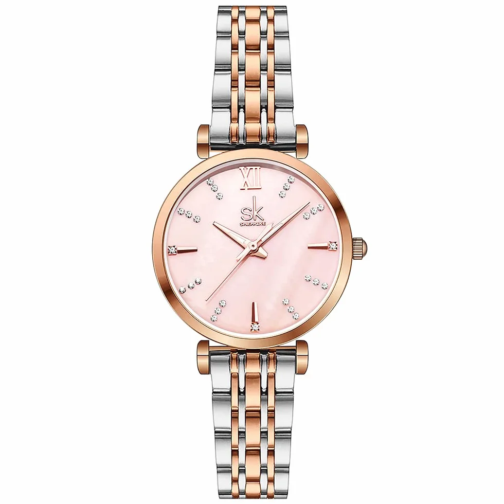 SHENGKE SK Montre Classique pour Femme avec Bracelet en Acier Inoxydable et Cuir véritable