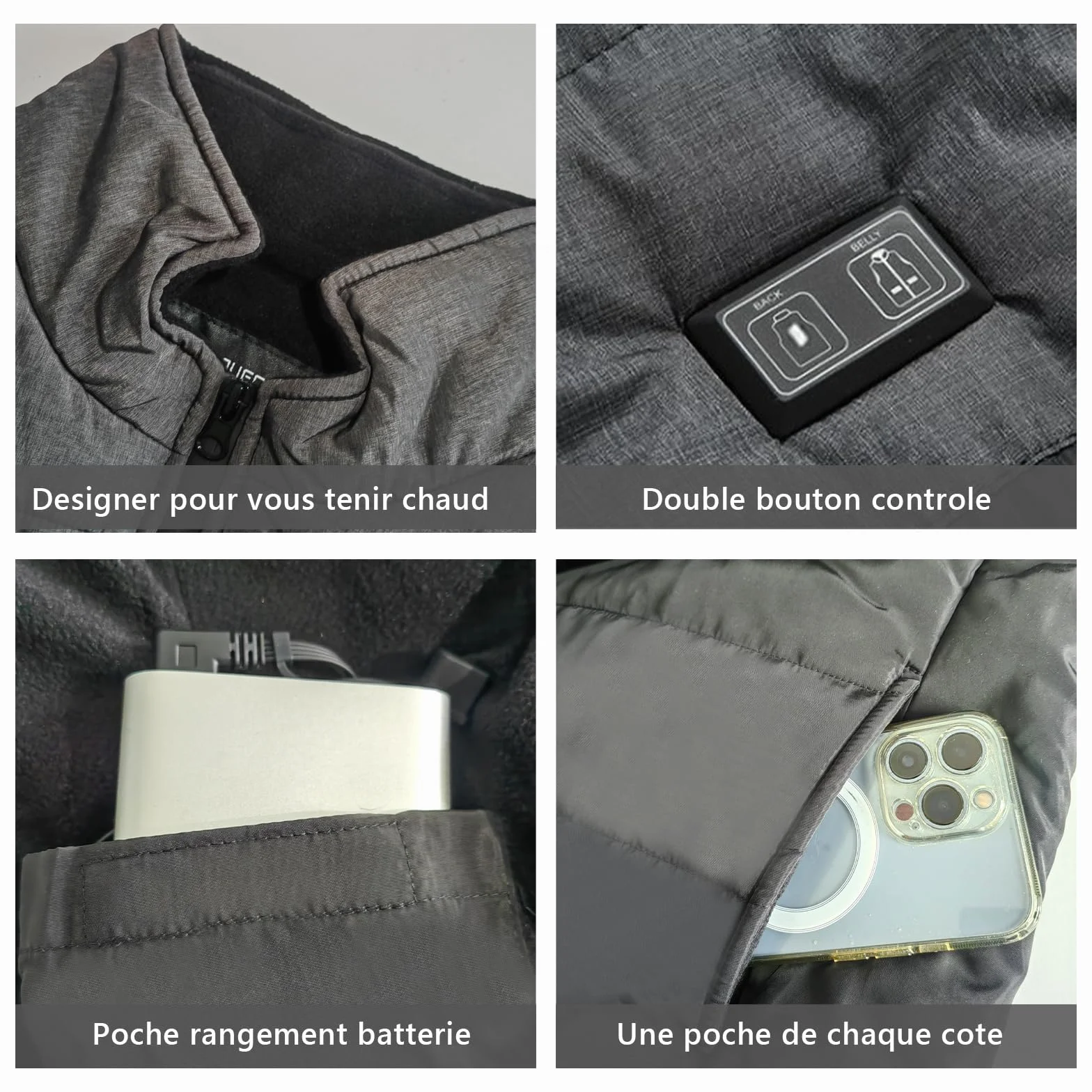 Gilet Chauffant électrique Homme Femmes 4 zones USB ultraléger Ski moto Pêche Camping