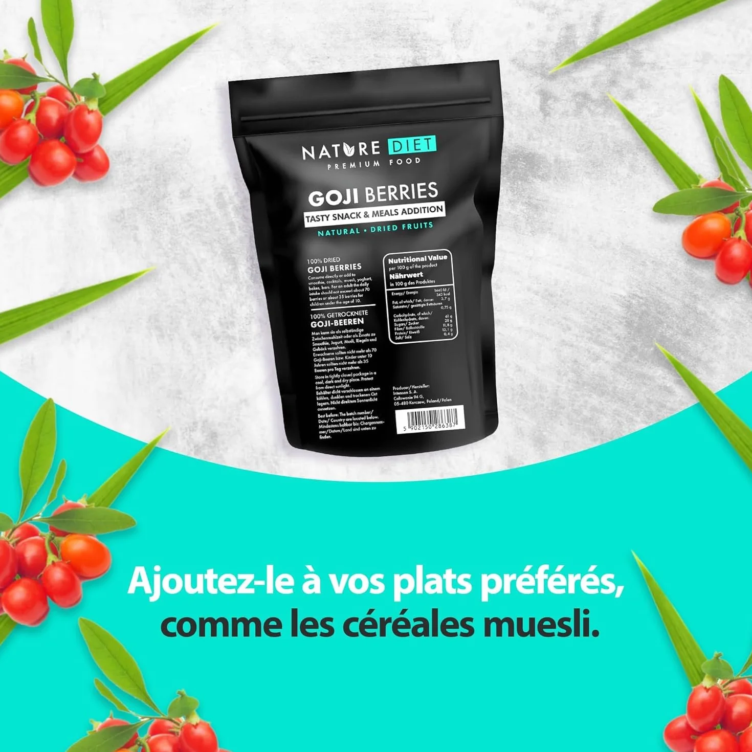Nature Diet Baies de Goji | 500 g | Riches en Fibres & Protéines | Vegan, Sans Gluten & Sans Lactose | Non OGM | Idéal pour Snacks, Smoothies & Pâtisserie