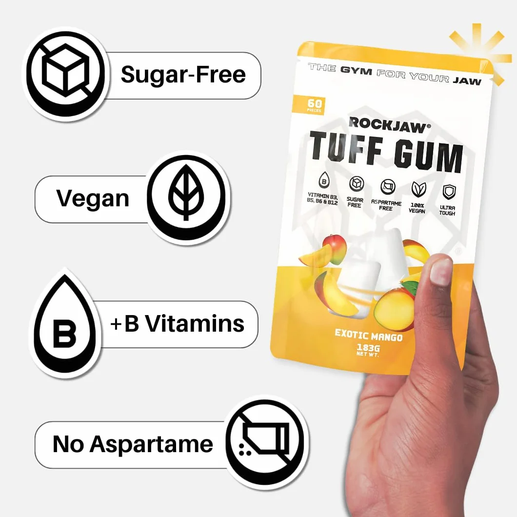 ROCKJAW® Jawline Gum Tuff Gum 2.0 complexe de vitamines B sans aspartame sans sucre xylitol 2 mois d'approvisionnement mangue exotique