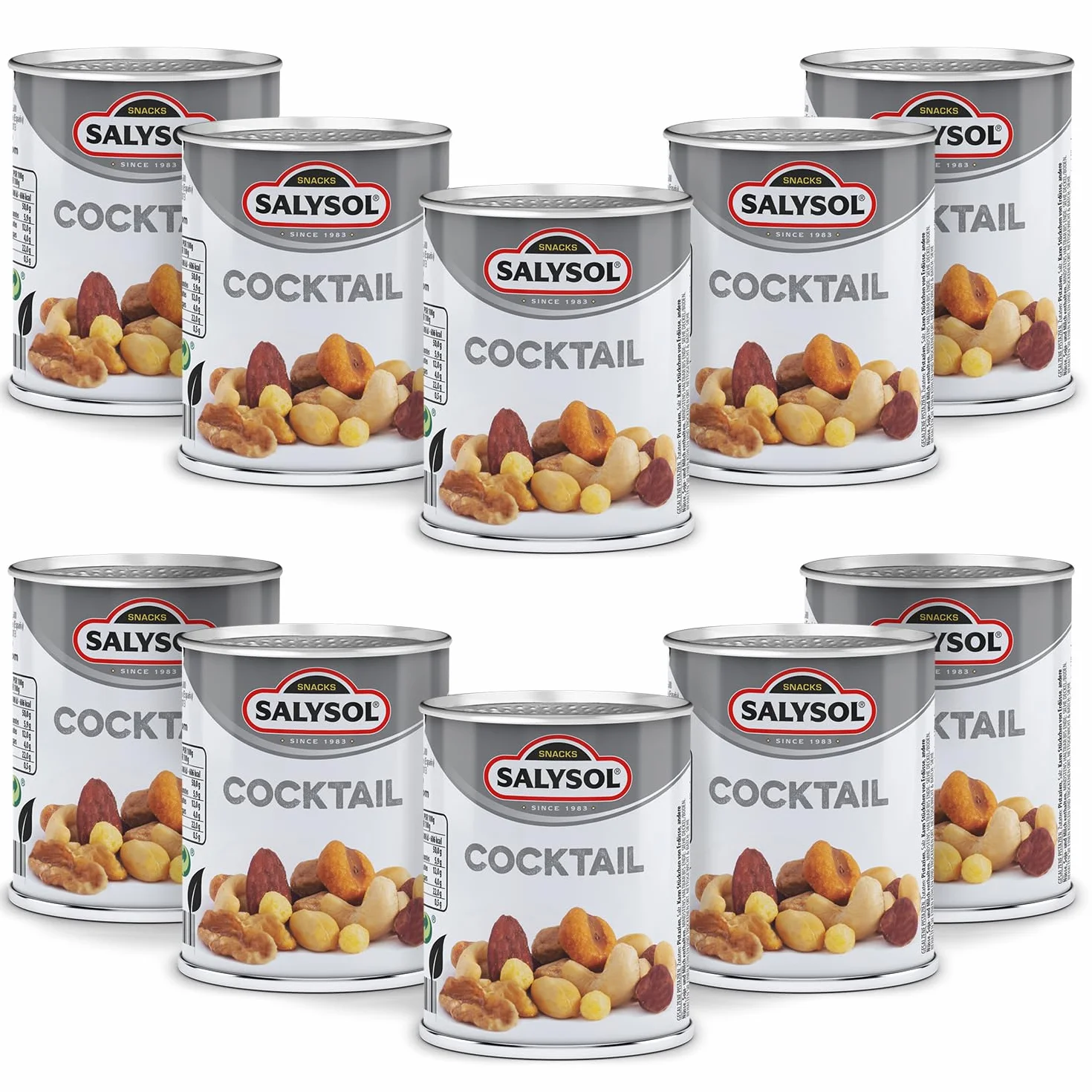 Salysol Cocktail de Fruits à Coque - 10 Boîtes de 50 g - Mélange d’Amandes, de Noisettes, de Noix de Cajou, de Cacahuètes Salées, de Noix, de Maïs Grillé, de Cacahuètes au Miel - Snacks Sains