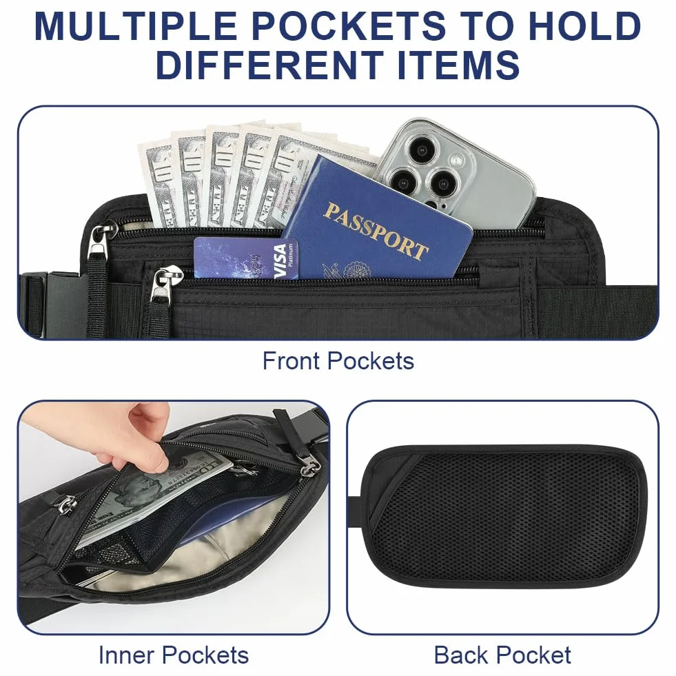 Sac Banane de Voyage RFID Blocage Antivol Ultra Fin pour Homme Femme Ceinture de Sécurité Invisible Réglable