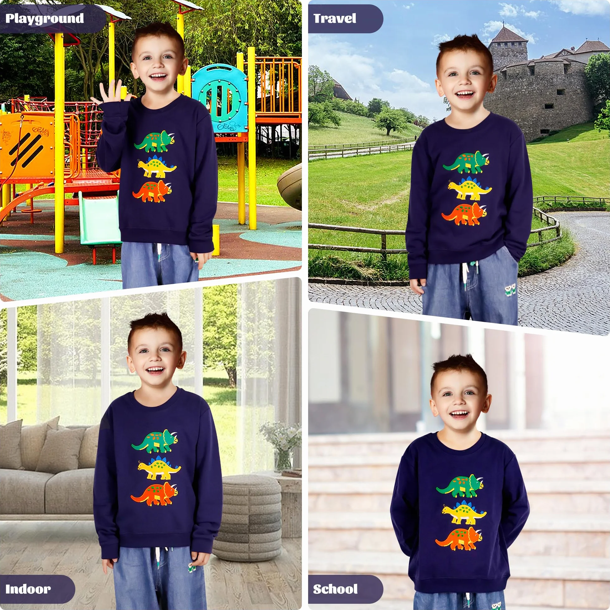 Sweatshirt Garçon Dinosaure Imprimé Bleu Marine Pullover Manches Longues Col Rond Enfants 2-7 Ans